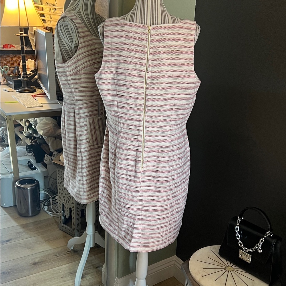 NWT. LOFT, size 14, Pink & White, Sleeveless Boucle Sheath Striped Mini Dress - Picture 5 of 8